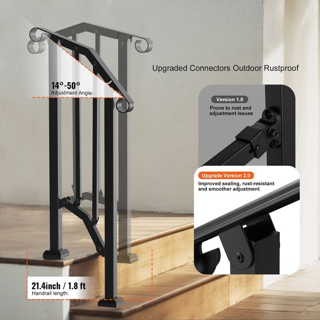 1-2 Step Handrails for Outdoor for Seniors Porch Deck Retro Arch Black