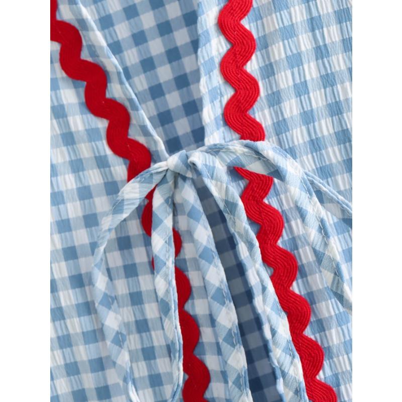 Vintage žena mřížkovaný tisk srdce patchwork šněrovací halenka dámská volná elegantní výstřih do V packet párty venkovní topy dívky jaro a léto