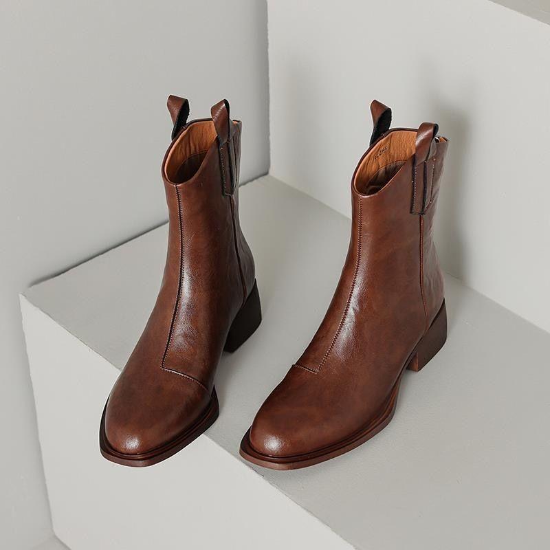 Brown Soft Leather Coarse Heel Western Cowboy Boots Women's Autumn and Winter New Medium Heel Medium Boots Boots Fleece Fashion Boots