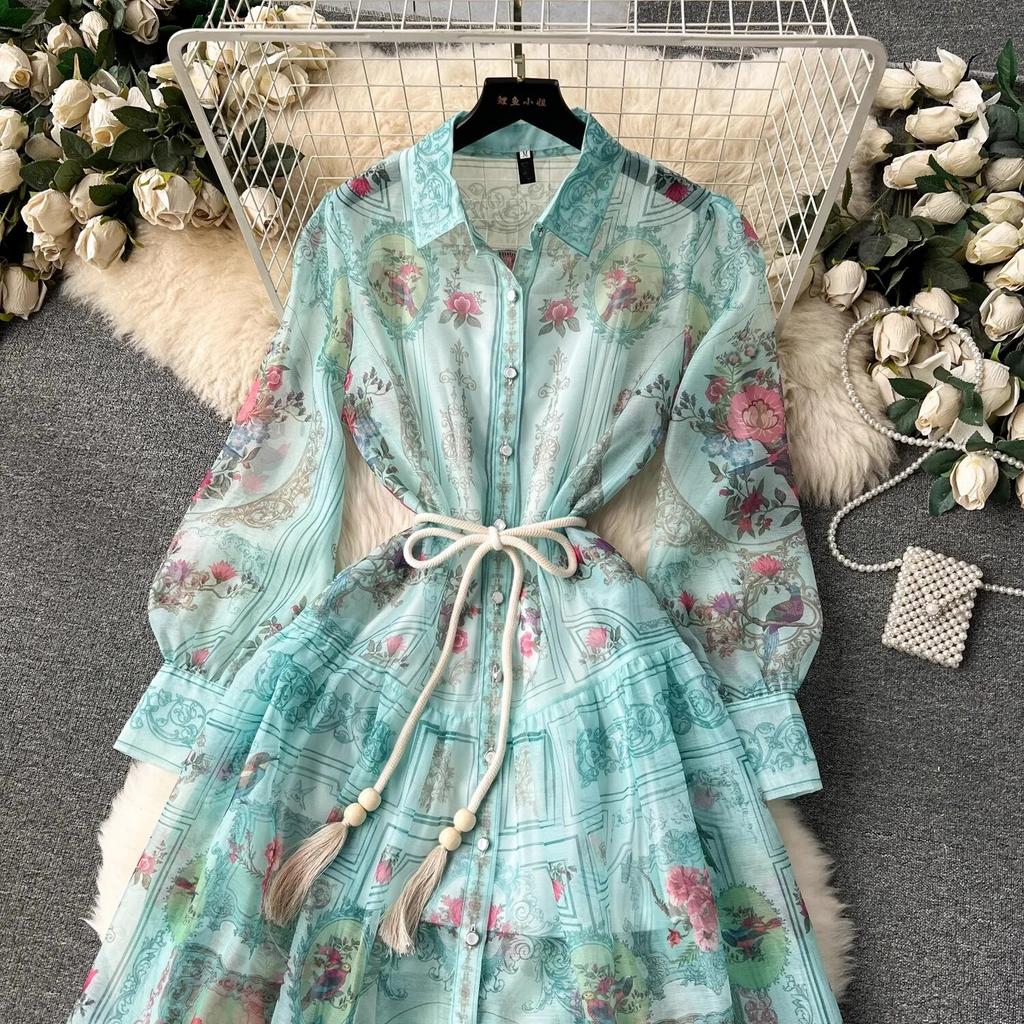 Jaro Léto Dovolená Květinový potisk Organza Plážové šaty Dámské Lampionové Rukávy Jednoduché Šněrování A Line Dlouhý Maxi Župan