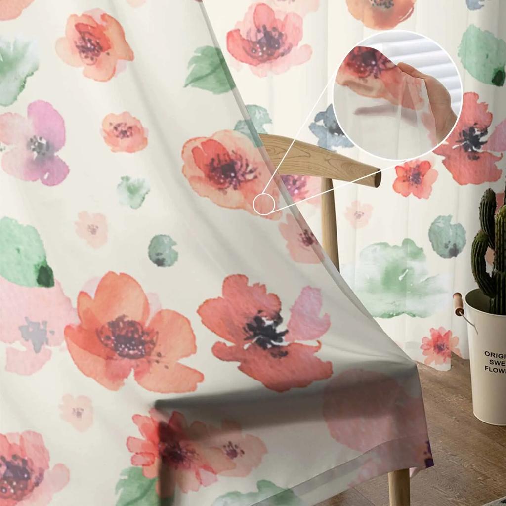 Watercolor Floral Hand Painting Tulle Voile Curtains for Bedroom Living Room Window Curtain Sheer Curtains Organza Drapes