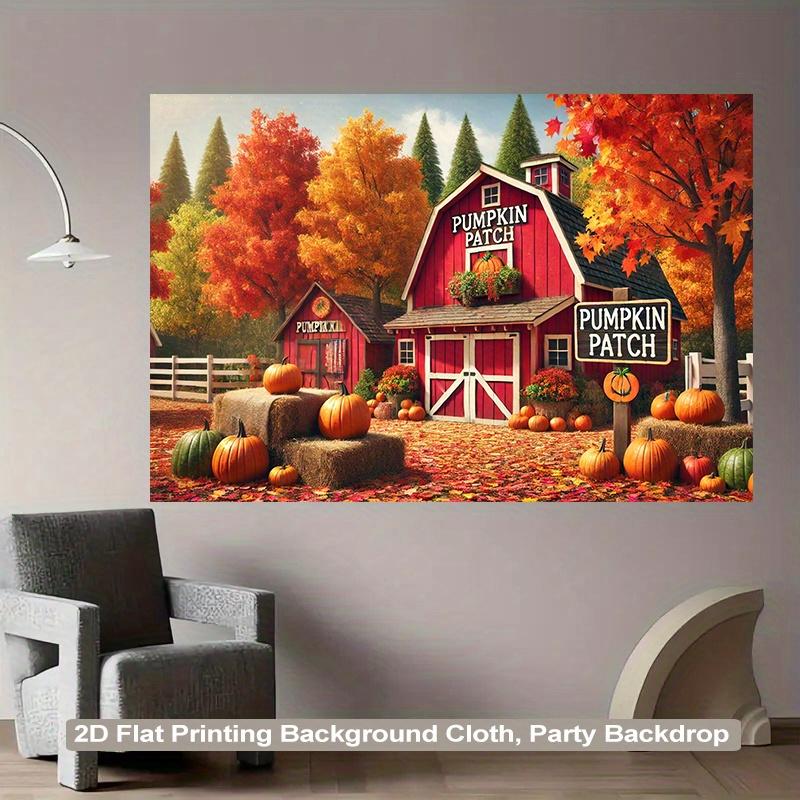 1 piece of 2D background fabric, a polyester fabric background depicting a red farmhouse and pumpkin scene.zyc