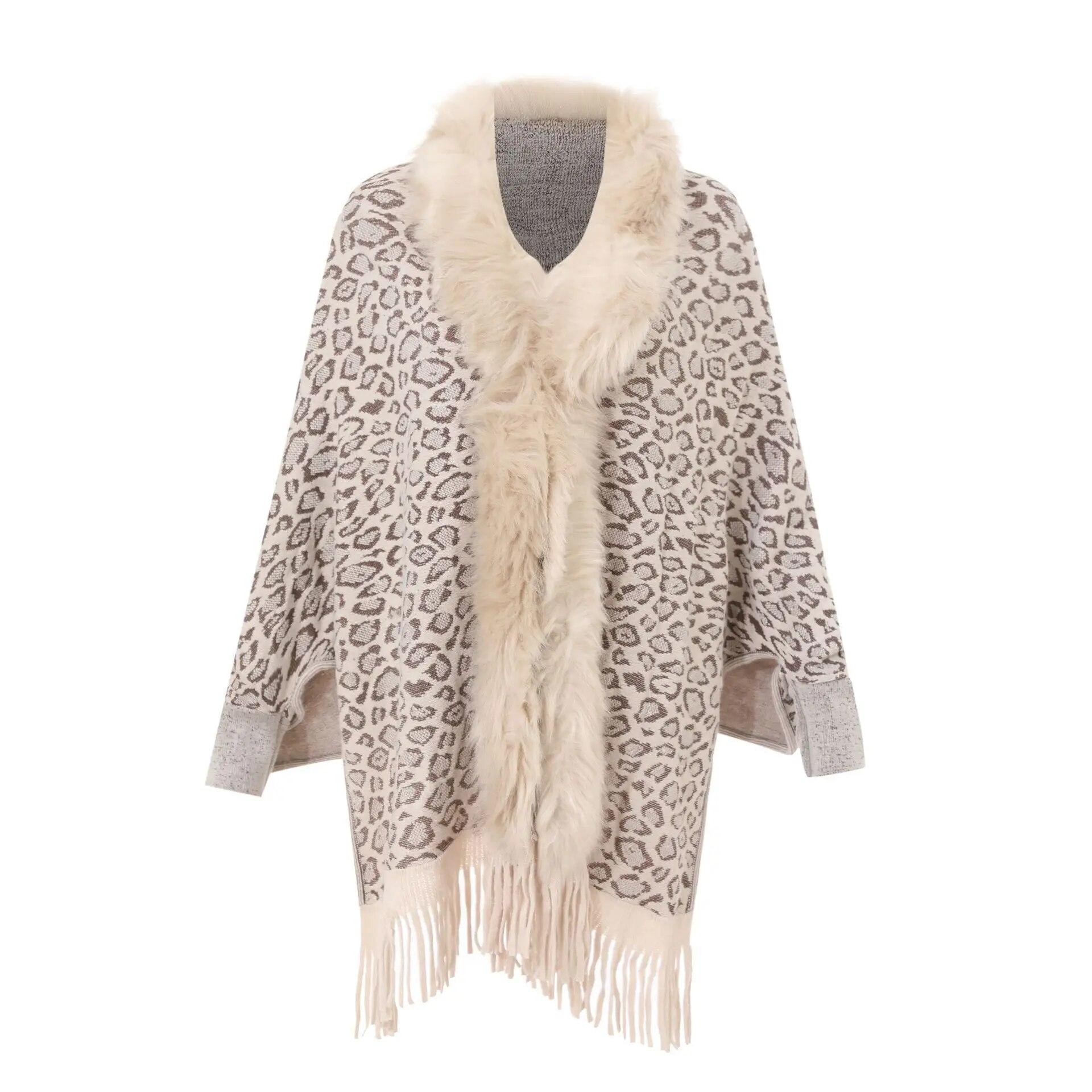 

Женский кардиган с кисточками, теплое пальто с открытой вышивкой и длинными рукавами, винтажная леопардовая шаль, зимняя накидка-пончо оверсайз из искусственного лисьего меха ONE SIZE бежевый