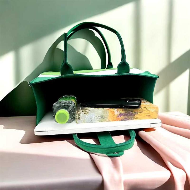 Reusable Felt Tote Bag Wavy Color Block Design Snap Closure Large Capacity for Picnic Shopping Office Commute