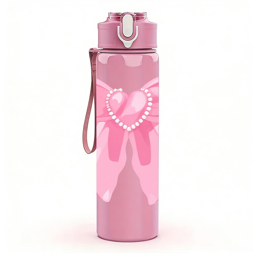 1PC Simple Large Pink Bow 750ml Color Plastic Sports Water Bottle Leakproof Flip Straw Lid Suitable for Sports Office Home Use