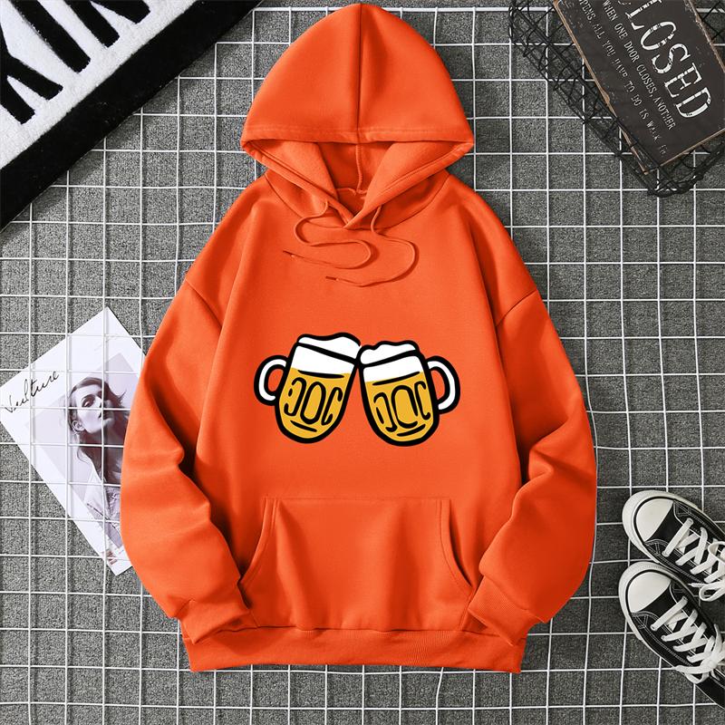 Hoodie Clinking Beer Mugs Print Lively Social and Festive Free Style Graphic Soft Fabric for Celebration-Themed Casual Looks
