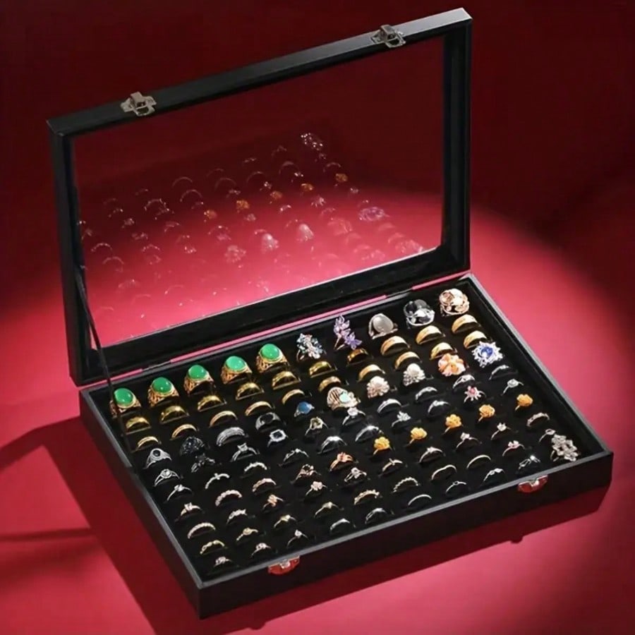 Ring Organizer Box With Clear Lid - Faux Leather Jewelry Storage Display Case For Rings, Beads & Jewelry Making - Compact Tabletop Organizer For Women