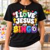 Christian Bingo Shirt, I Love Jesus Graphic, Colorful Cross Crown Design, Faith Player Birthday Gift, Church Game Night Outfit, Heart Motifs