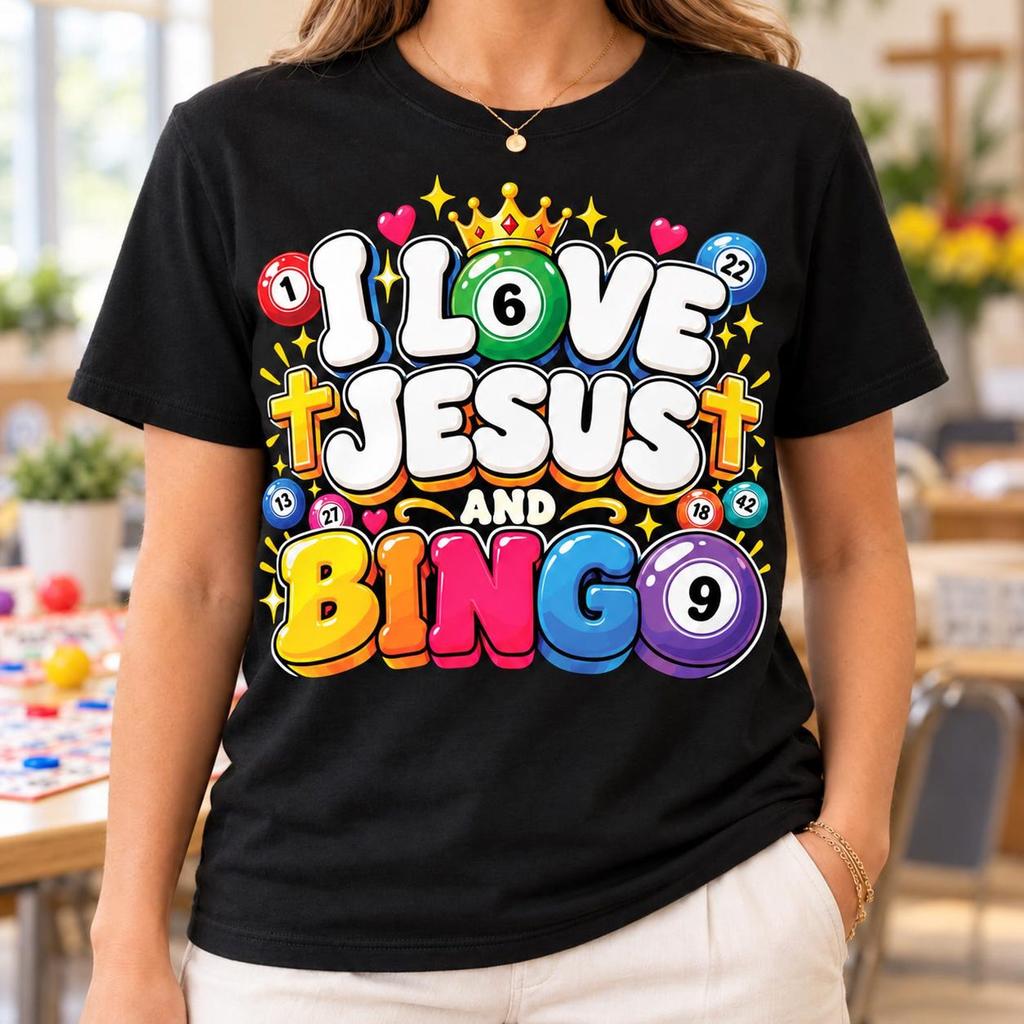 Christian Bingo Shirt, I Love Jesus Graphic, Colorful Cross Crown Design, Faith Player Birthday Gift, Church Game Night Outfit, Heart Motifs