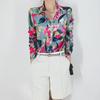 Clearance Women's French Art Print Silk-Cotton Button-Down Long Sleeve Shirt - Medium