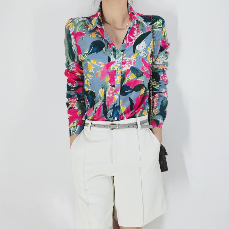 Clearance Women's French Art Print Silk-Cotton Button-Down Long Sleeve Shirt - Medium
