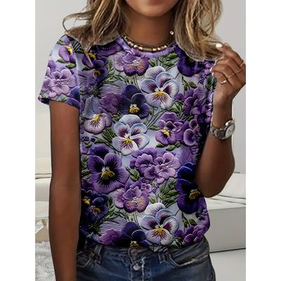 Maglietta da donna con motivo floreale colorato, ampia e girocollo, maglietta da donna alla moda, abbigliamento ad asciugatura rapida, maglietta alla moda per le vacanze.