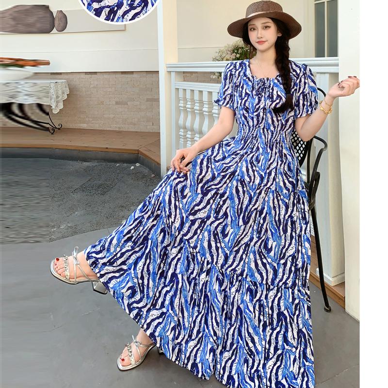 Summer Cotton Silk Floral Print Maxi Dress Bohemian Beachwear High Waist Young Women's Large Skirt Swing Dress