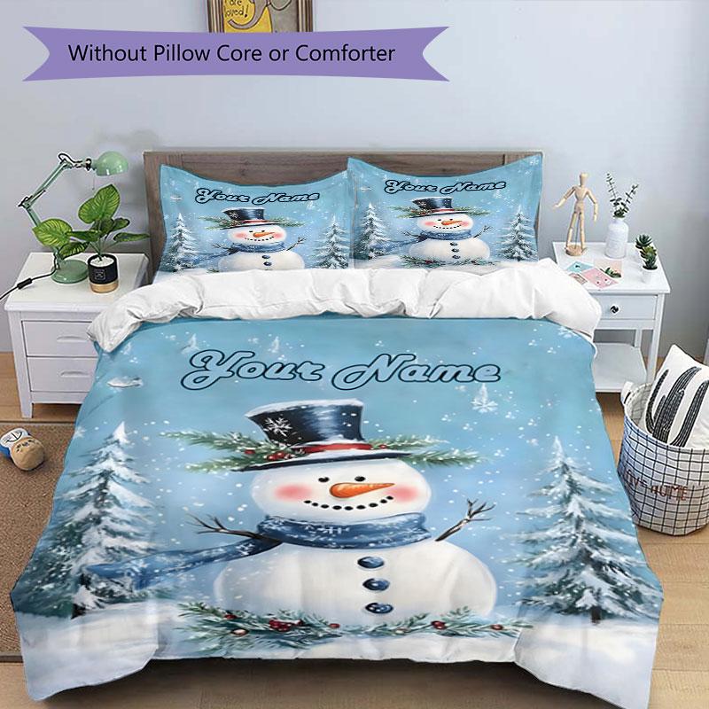 3PC Custom Name Winter Snowman Scene Bedding Set Duvet Cover Closure Includes 1 Duvet Cover & 2 Pillowcases for Bedroom