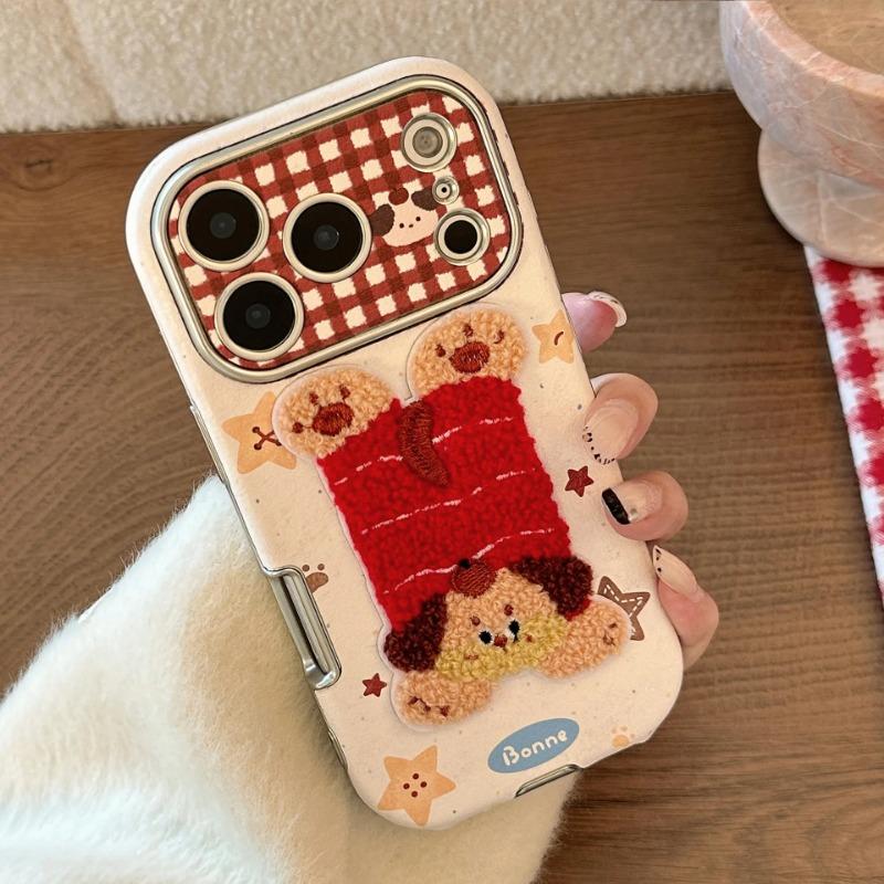 Korean Cartoon Embroidery Plush Animals Leather Texture Phone Case For iPhone 17 13 14 15 16 12 11 Pro Max Shockproof Soft Cover