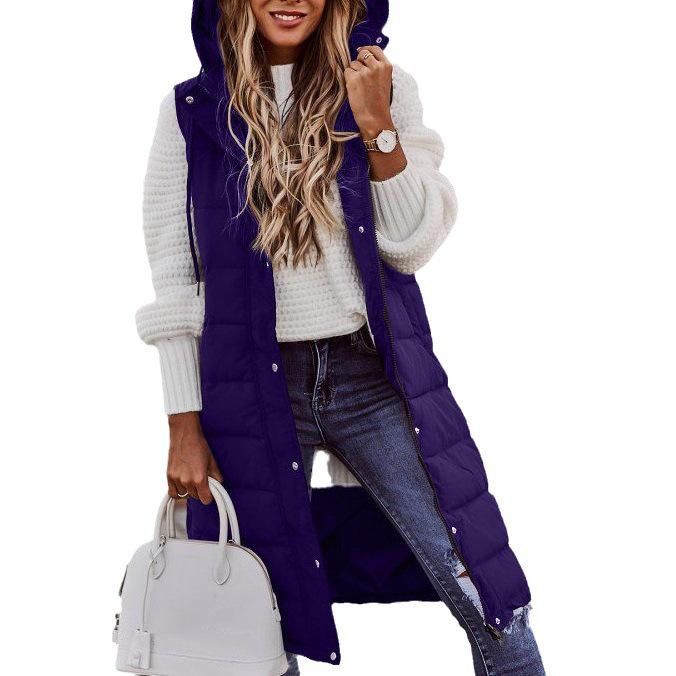 New European & American Fashion: Women's Solid Color Hooded Slim-Fit Sleeveless Mid-Length Cotton Vest