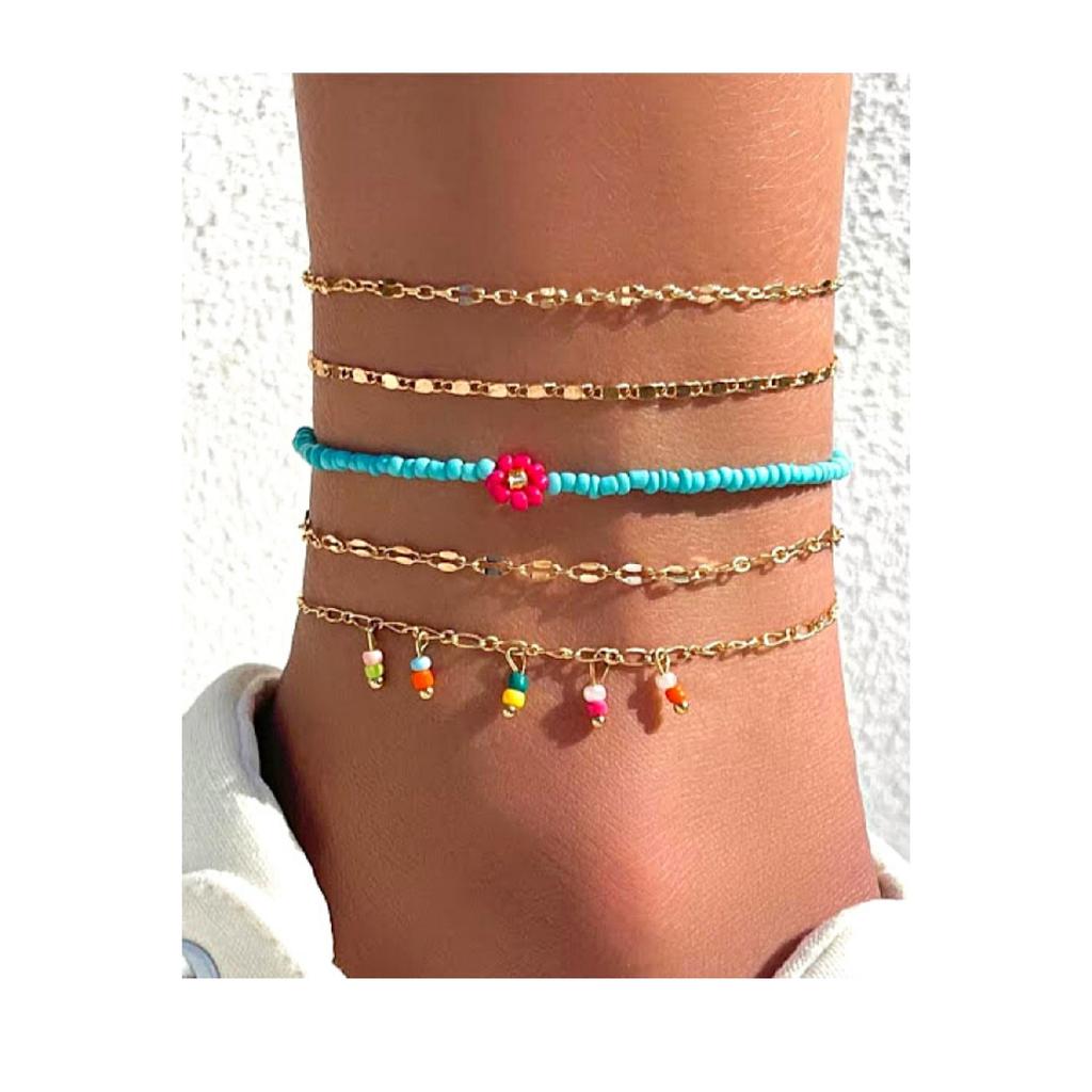 5 Beads Chain Anklet Set