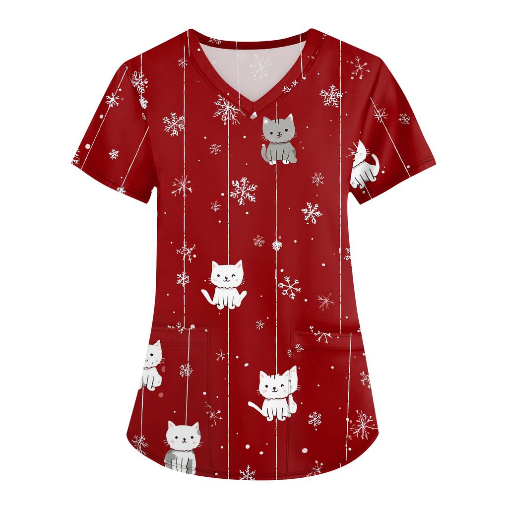 Dámské módní pracovní oděvy s krátkým rukávem a výstřihem do V s kapsami Vánoční topy s potiskem