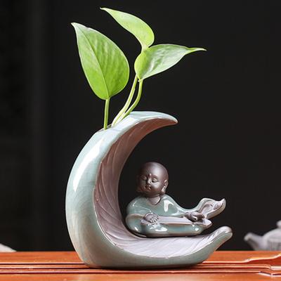 Little Monk Ceramic Chinese Kung Fu Geyao Tea Pet, Creative Moon Shape Ornaments, Hydroponics Flower Pot Vases, Desktop Decor