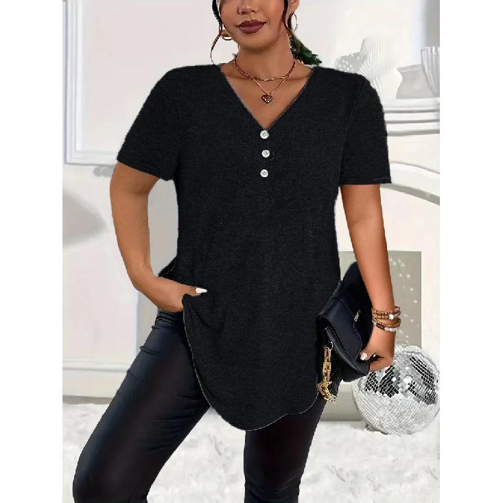 

2025 Женская Летняя Новинка Повседневный Однотонный Топ на Пуговицах с V-образным Вырезом и Короткими Рукавами Большого Размера 6XL чёрный
