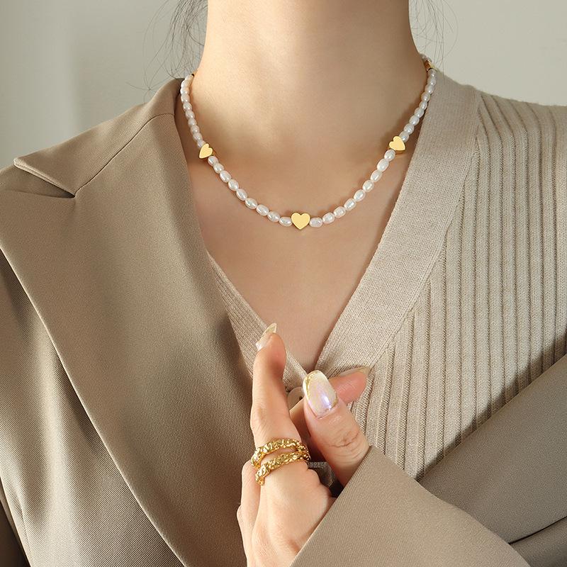 Korean Sweet Peach Heart & Pearl Titanium Necklace
