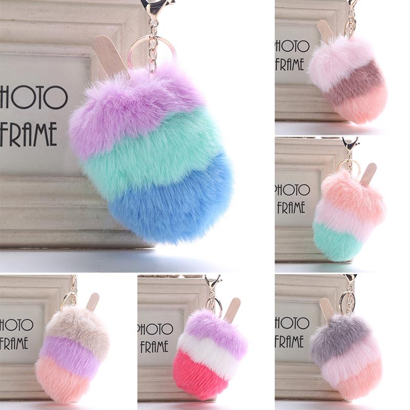 1Pcs Car Soft Pompom Fluffy Ice Cream Faux Fur Key Chain Gift Key Ring Jewelry Pendant