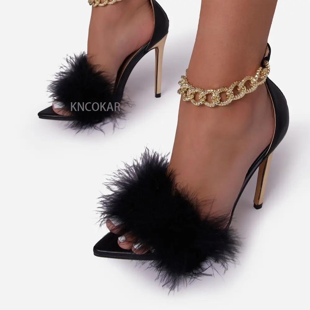 2025 New Pointed Toe Shallow Furry Women Thin High Heels Metal Buckle Chain Decoration Sandals Outdoor Footwear Female