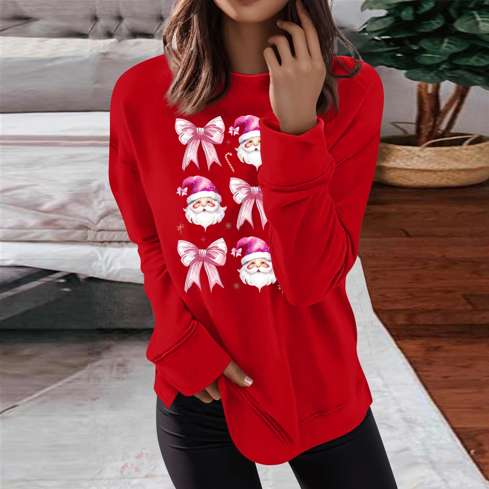 

Женская мода повседневная рождественская мультяшная печать круглый вырез длинный рукав топ XL красный