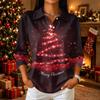 Women's Casual Christmas Print Button Down Top with Three-Quarter Sleeves and Notched Collar