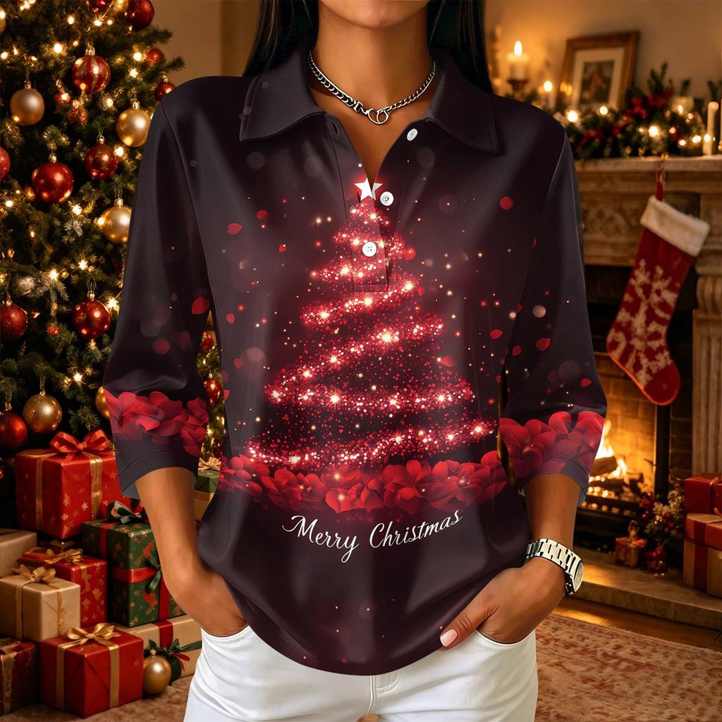 Women's Casual Christmas Print Button Down Top with Three-Quarter Sleeves and Notched Collar