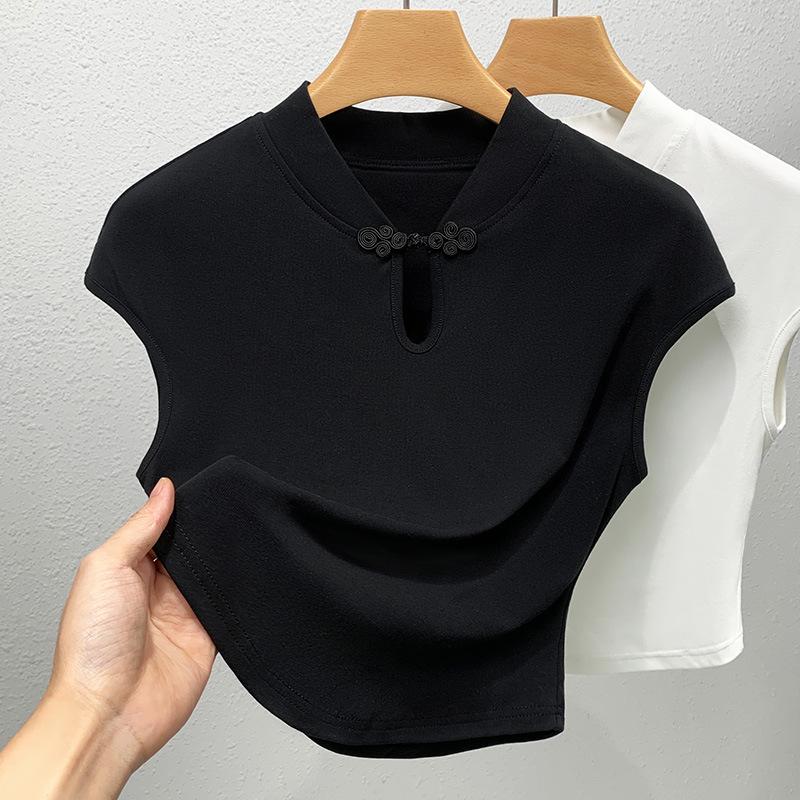 Chinese Style Short-sleeved T-shirt for Women's New Women's Stand-up Collar Flying Sleeves Solid Color T-shirt Chinese Vest Top
