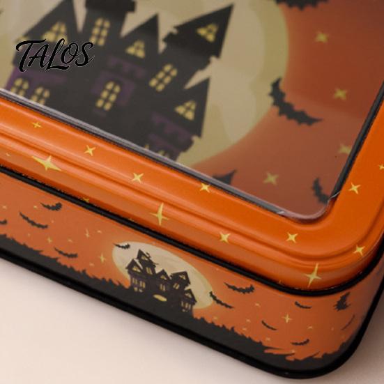Desktop Decorative Storage Halloween Tin Box with Clear Lid, Witch Pumpkin Ghost Candy Snack Holders Container for Cookies Snacks, Festive Organizer
