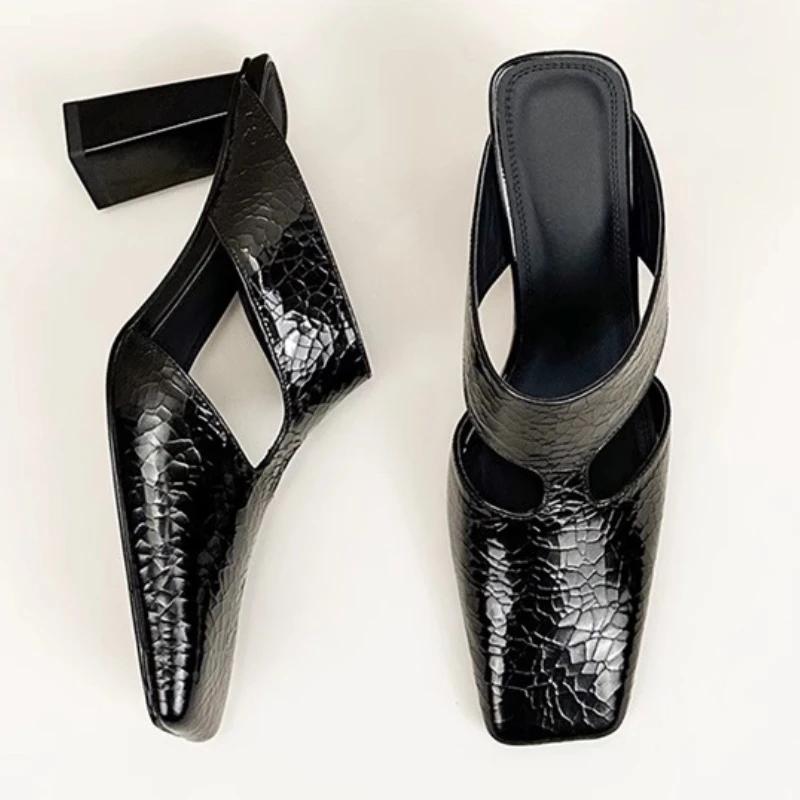 Designer Women High Heels Slippers Square Toe Heeled Sandals Woman Shoes 2025 Trend Summer Fashion Flip Flops Dress Chunky Pumps