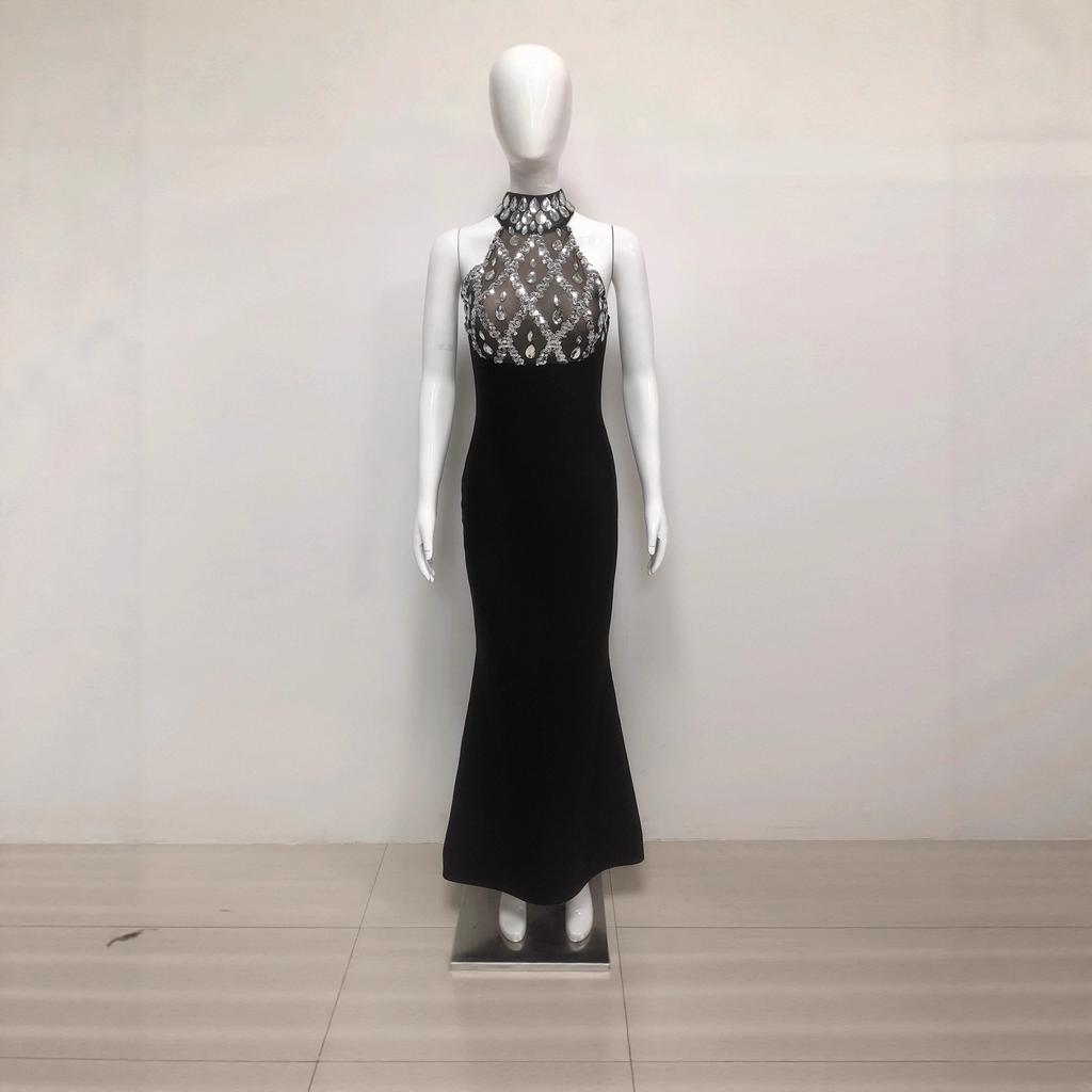 Fashion European and American women's clothing, sexy sleeveless backless neck nails drilled waist long evening dress bandage skirt