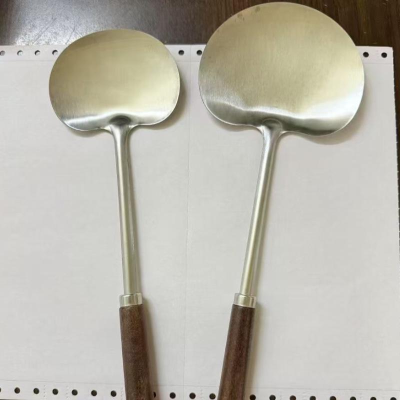 Stainless Steel & Walnut Kitchen Utensils Set: Mushroom Spatula, Spoon, Ladle, Stir-fry Spoon.