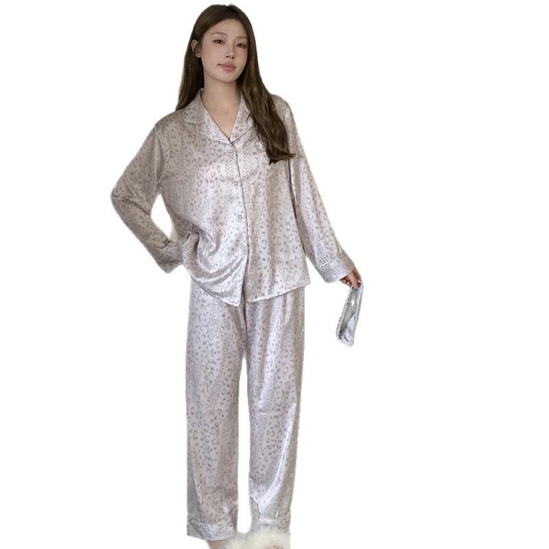 2025 Women's Light Luxury Leopard Print Ice Silk Pajamas Set - Lapel, Long Sleeve, Long Pants, Wear Indoors or Outdoors.