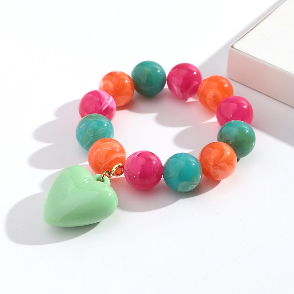 New Acrylic Big Round Beaded Elastic Bracelet for Women Trendy Multicolor Resin Circle Heart Charm Bracelets Sweet Jewelry Gift