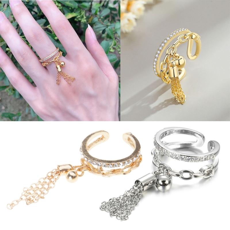 Dangling Chain Tassel Band Ring Adjustable Open Ring Gift Link Chain Tassel Ring Zirconia with Spike Pendant Finger Ring