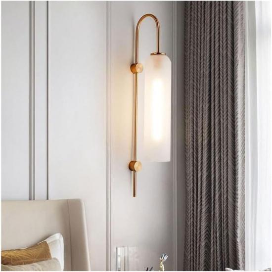 Mid-Century Modern Wall Sconce, Frosted Gray Glass & Gold Long Arm Wall Light, E26 Base, for Bedroom, Living Room(White)