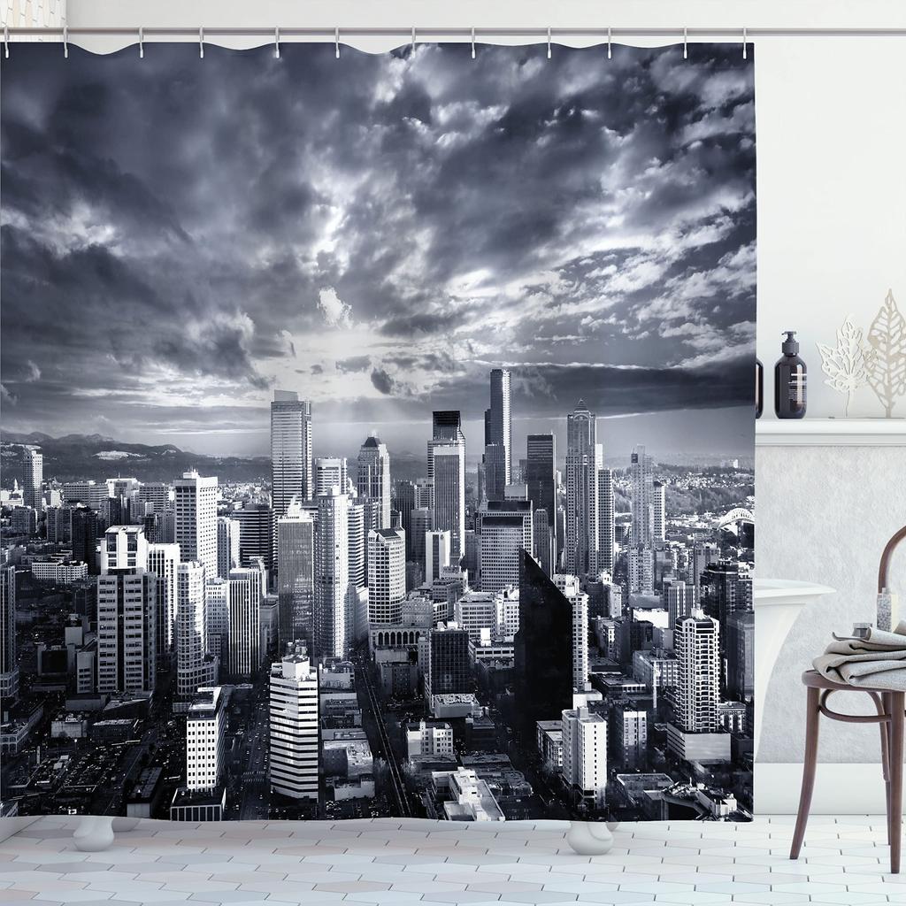 Cityscape Shower Curtain, Modern Skyscraper Skyline Famous Building Bathroom Curtain Waterproof Fabric Shower Curtain With Hooks