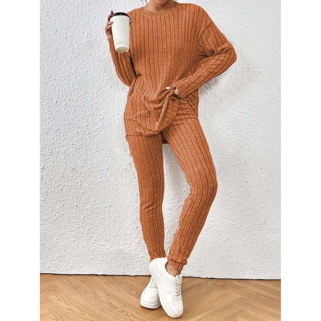 Casual O-neck Two Piece Set Women Outfits Autumn Winter Fashion Solid Knitted Long Sleeve Sweater Elegant Loose Pants Suit