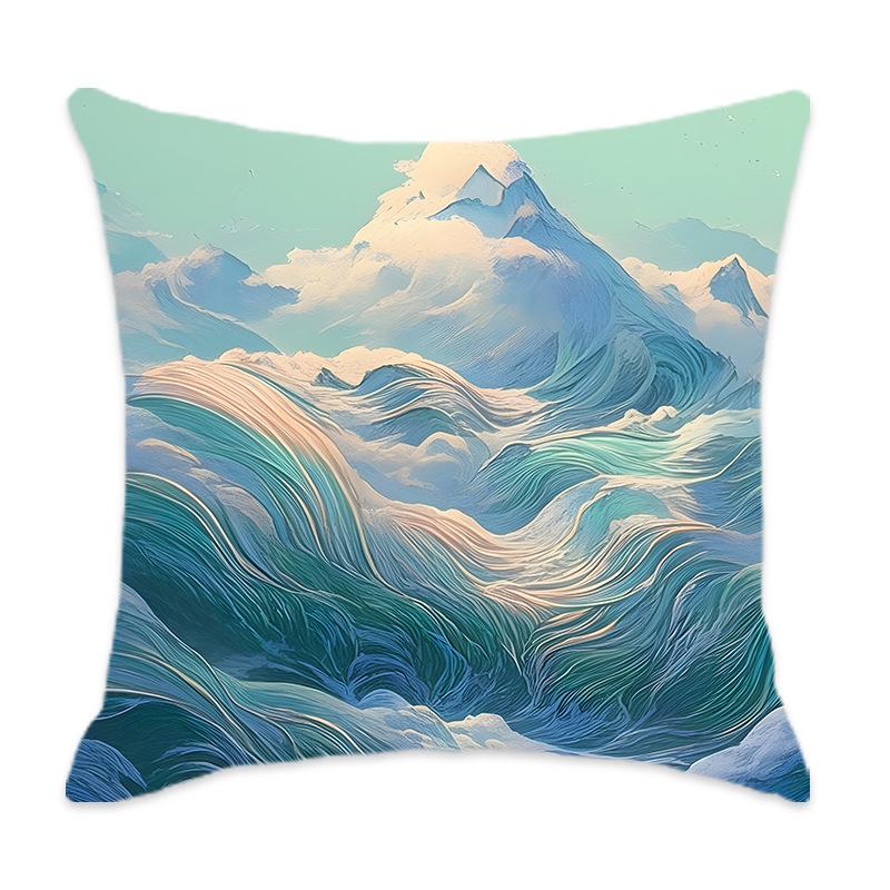 New Cyan Chinese Mountain Series Pillow, Comfortable and Soft Car Home Bedroom Bedside Pillow Cushion