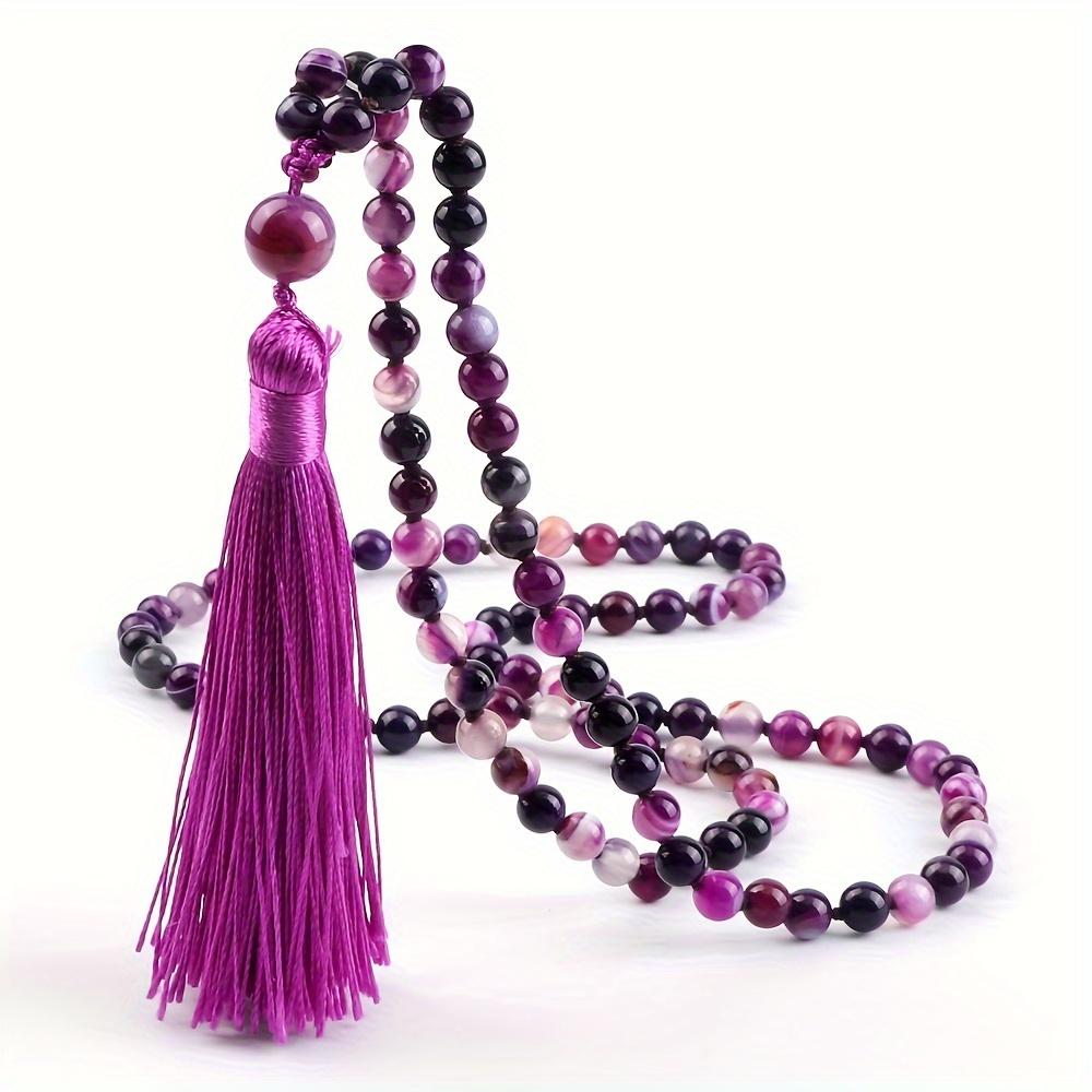 Handcrafted Bohemian Mala Chakra Beads Necklace with Tassel Stretchable Sweater Chain in Vibrant Colors for Meditation, Yoga - Jewelry