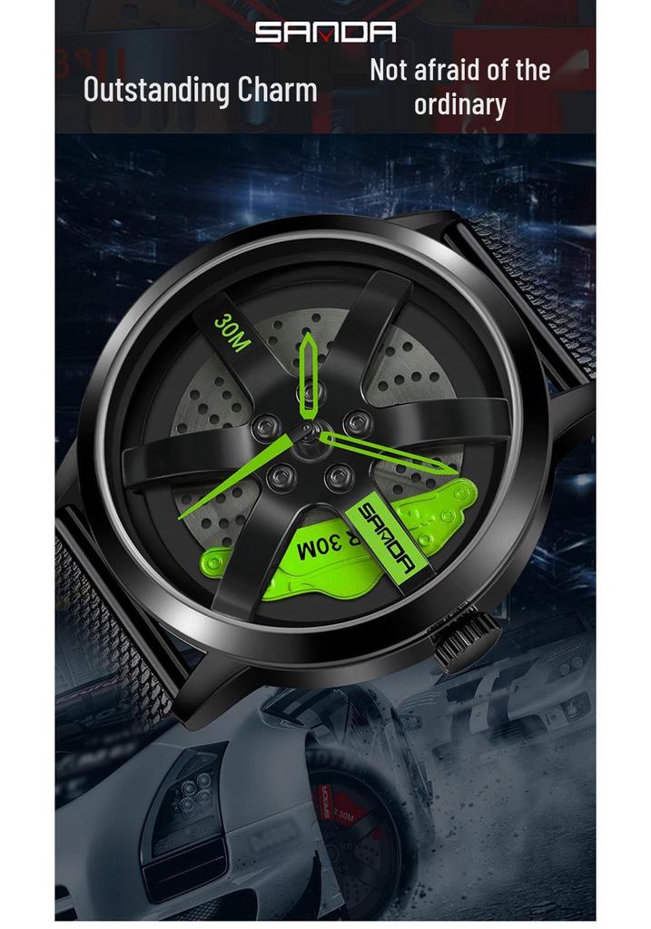 Sanda Men's Fashion Quartz Watch, Mesh Strap, Waterproof, Outdoor Casual, Hollow Wheel Dial.