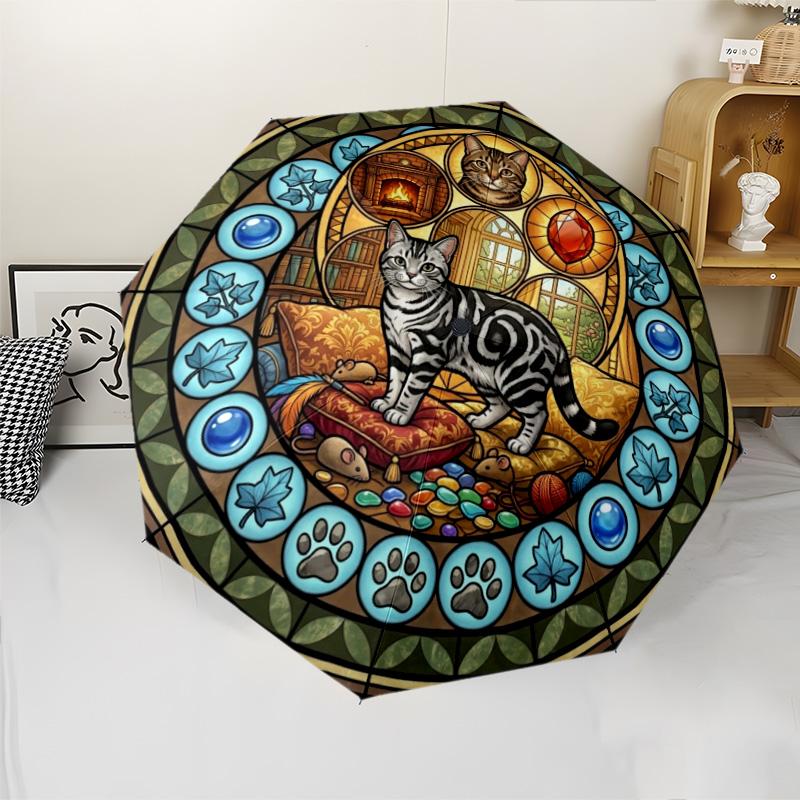 Glass Cat Fantasy pattern umbrella, portable and foldable design, 8 ribs, a casual accessory for Halloween, Christmas, and birthday gifts.