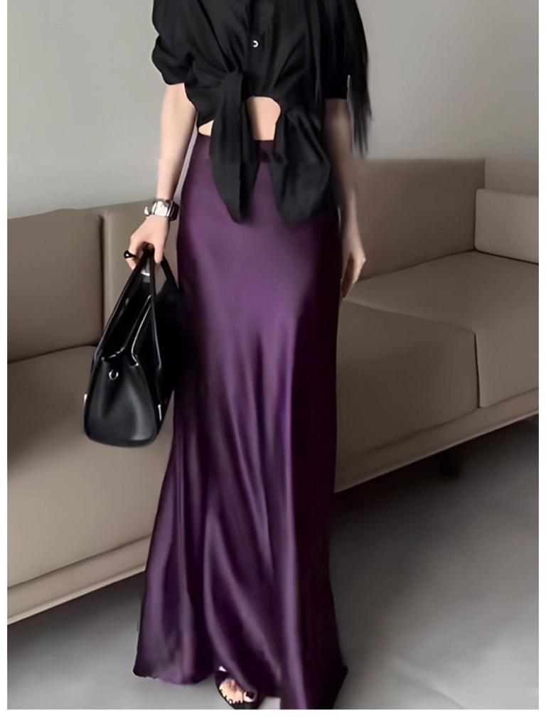 Champagne Satin Fishtail High-End Silk Skirt for Women - Summer 2025
