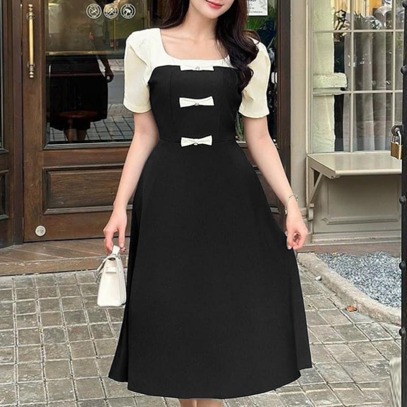 

ZANZEA Женское повседневное летнее платье с квадратным вырезом и короткими рукавами в стиле пэчворк L чёрный