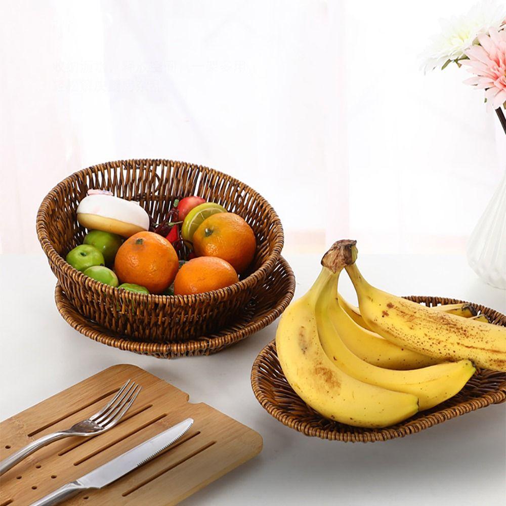 1Pcs Round Rectangular Shape Storage Tray Breakfast Bread Food Plastic Rattan Threads Basket