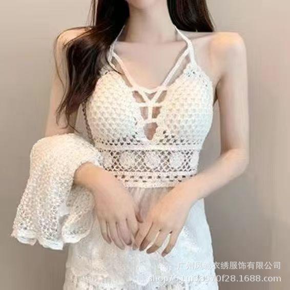Be careful with the machine versatile vacation women's summer new suspender hollow crochet embroidery short vest women
