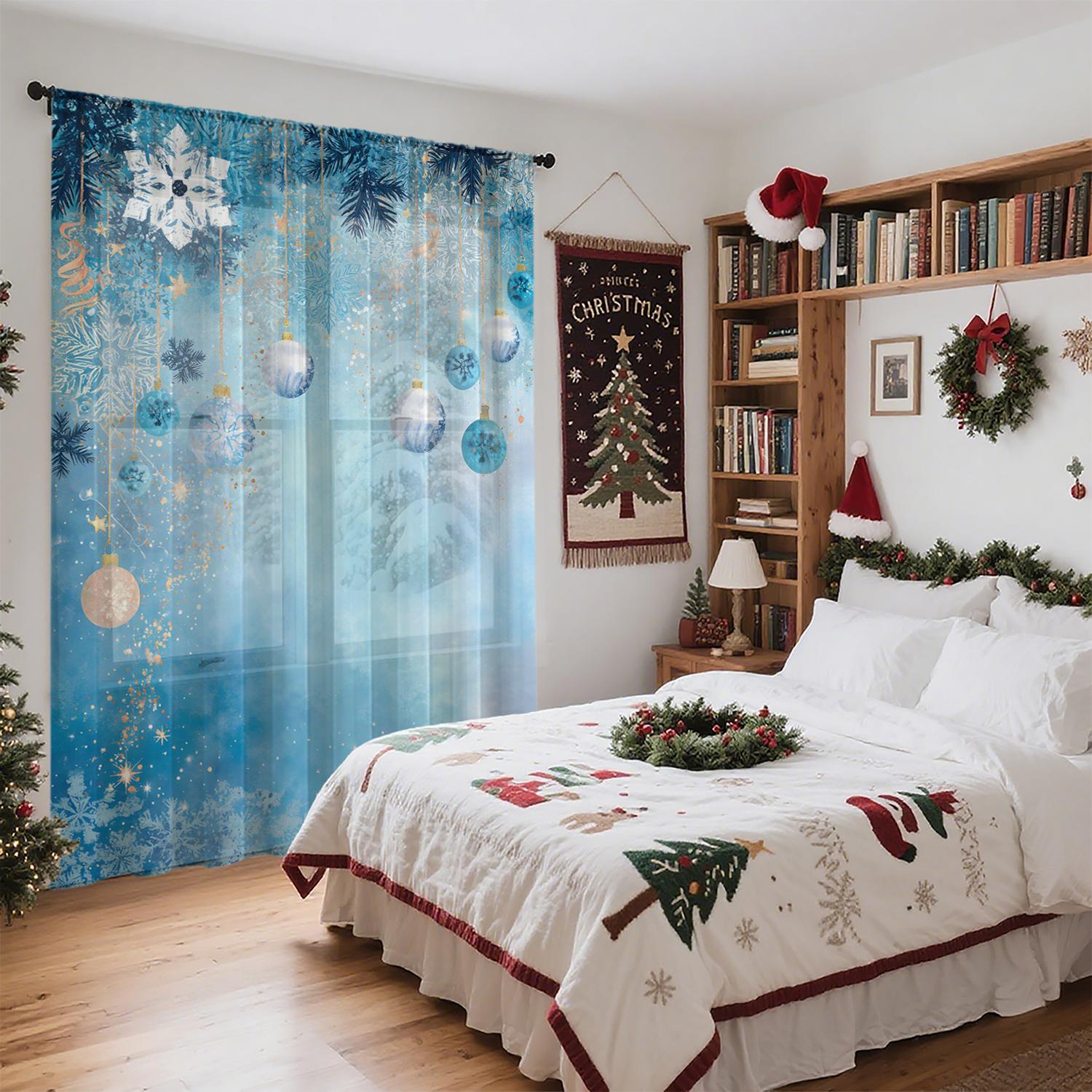 

Piece Christmas Door Curtain Blue Toned Themed Printed Polyester Suitable Living Room Bedroom Home Office Holiday Decoration New Year Party Winter W100*H70(CM)-Hooks&2PCS